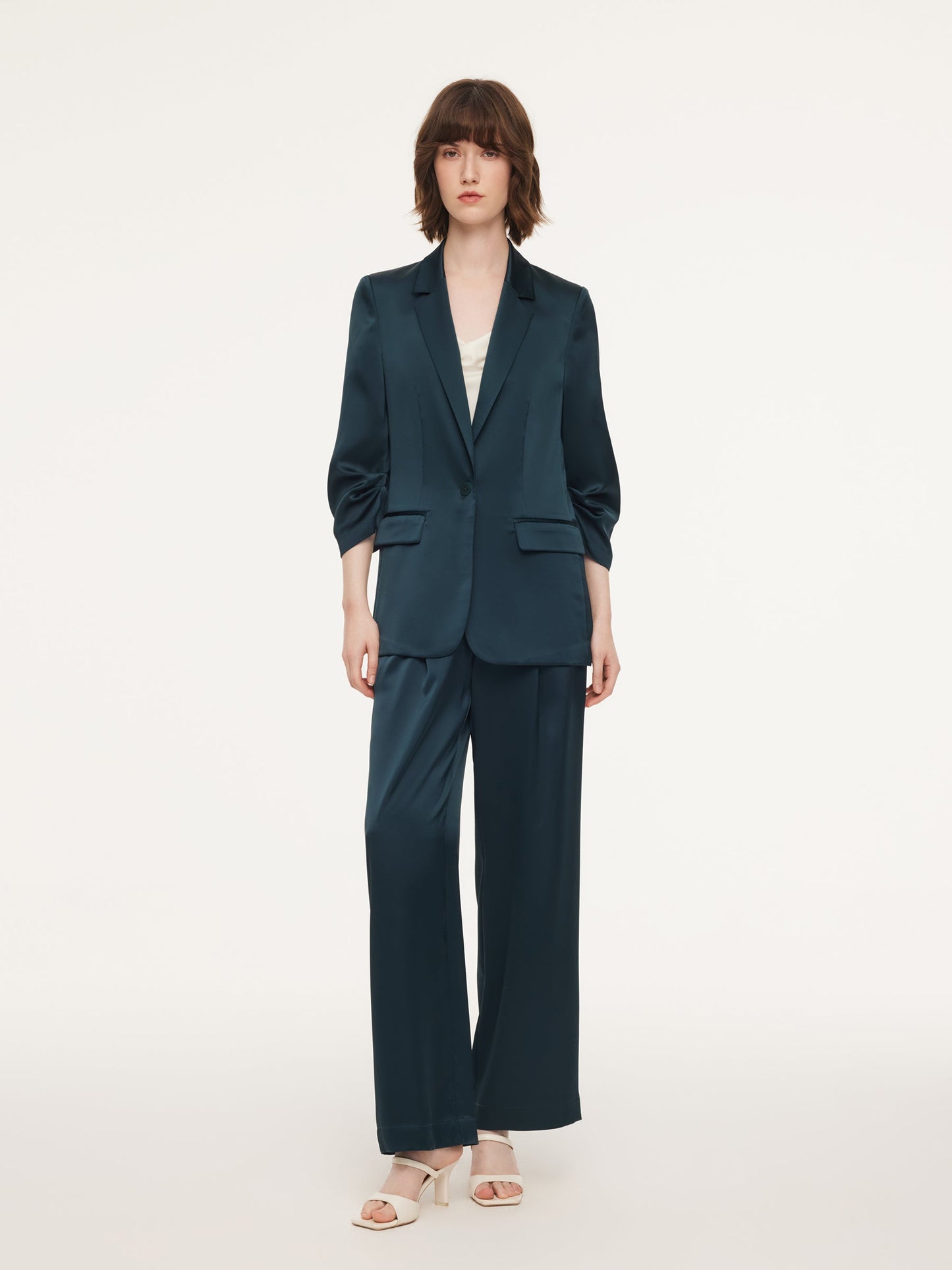 Triacetate Blend Ruched Sleeve Women Blazer