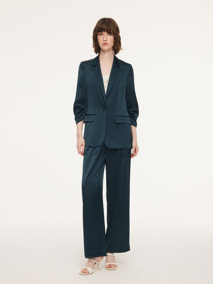 Triacetate Blend Ruched Sleeve Women Blazer