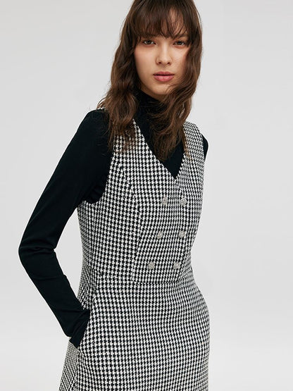 Black And White Houndstooth Vest Dress And Mock Neck Sweater Two-Piece Suit