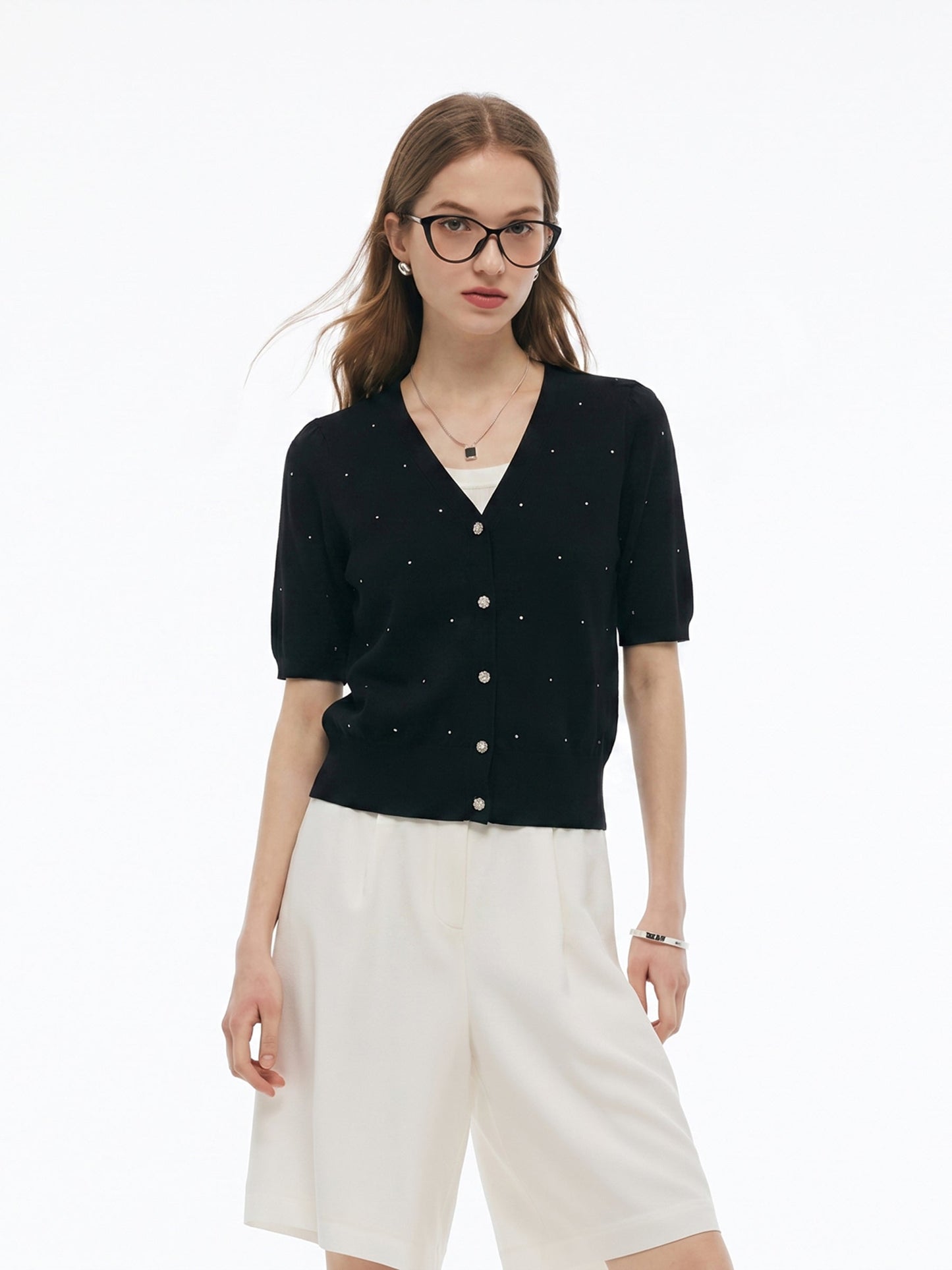 Tencel Wool Blend Rhinestone Women V-Neck Cardigan