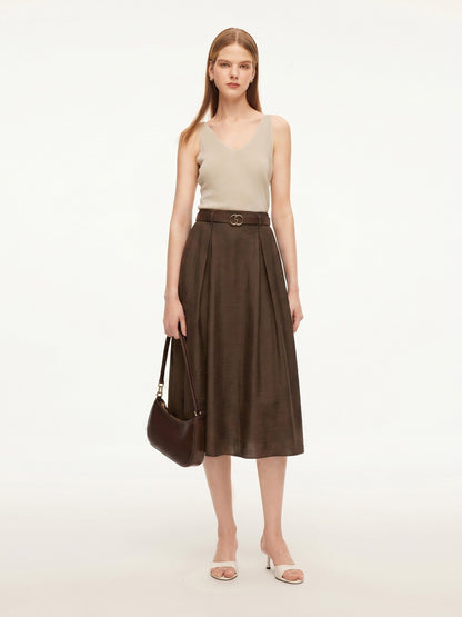 Tencel Linen Blend Women A-Line Skirt With Leather Belt