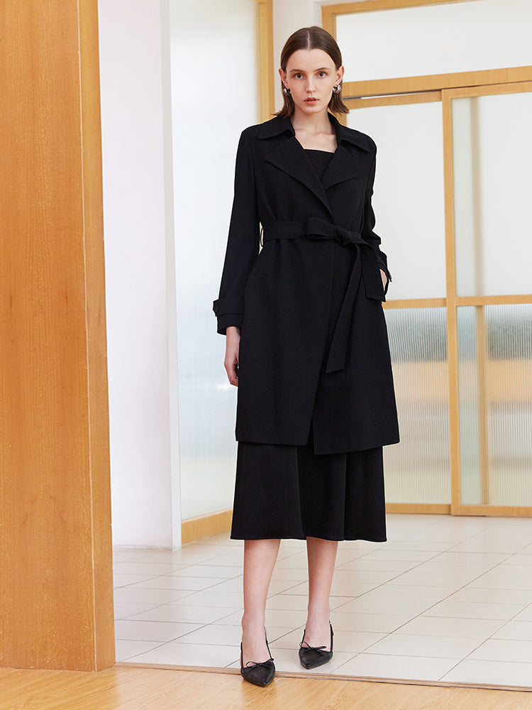 Black Triacetate Lace-up Women Trench Coat