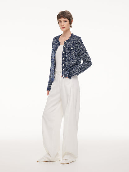 Wool Cotton Blend Frayed Trim Women Cardigan