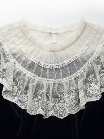 Velvet Sheer Lace Collar Women Midi Dress With Beret