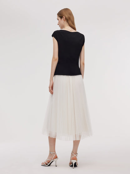 Adjustable Hem Knit Top And Mesh Pleated Skirt Two-Piece Set