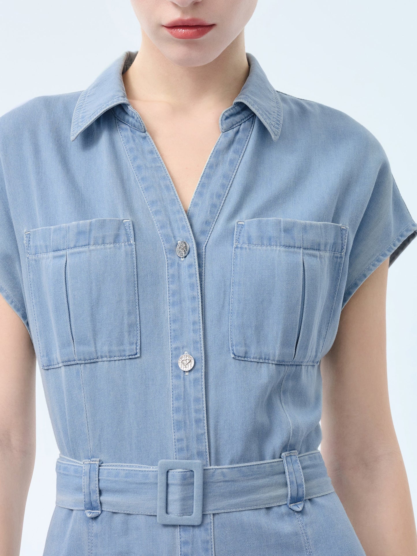 100% Cotton Denim Women V-Neck Maxi Shirt Dress With Belt