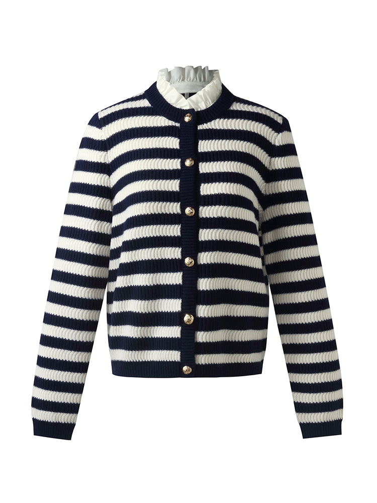 Blue And White Stripe Women Cardigan With Detachable Ruffle Collar