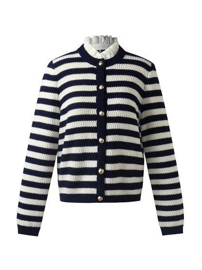 Blue And White Stripe Women Cardigan With Detachable Ruffle Collar