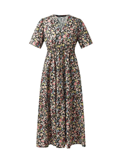 Cotton Puff Sleeve Drawstring Waist Floral Print Women Midi Dress
