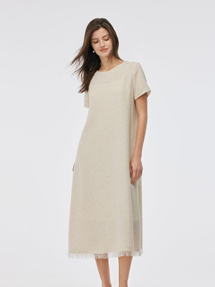 Tweed Sequins Fringed Edge Women Maxi Dress With Slip Dress
