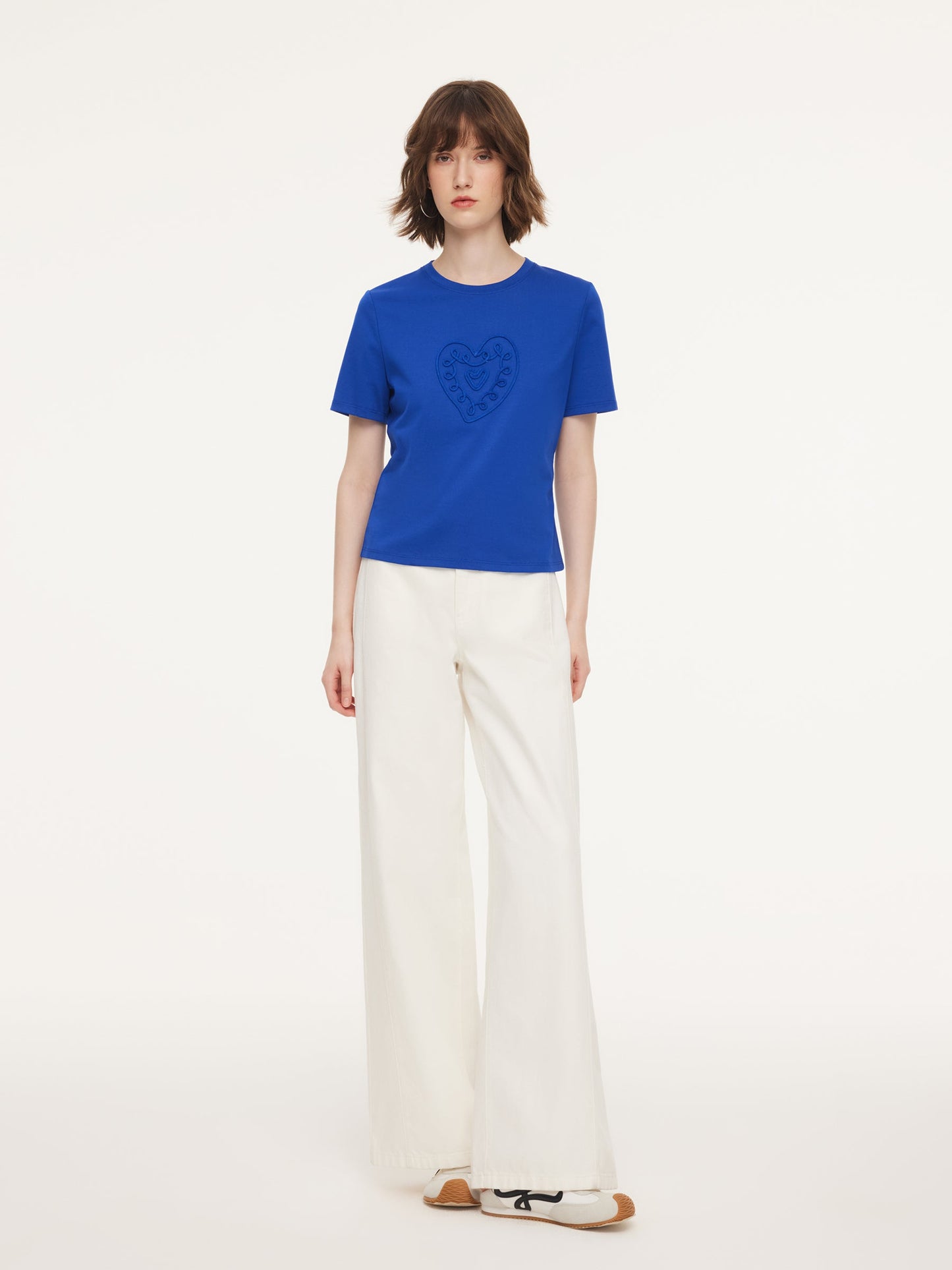 Cotton Blend Round Neck Tape Embroidered Women T-Shirt