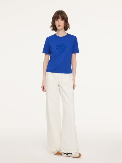 Cotton Blend Round Neck Tape Embroidered Women T-Shirt