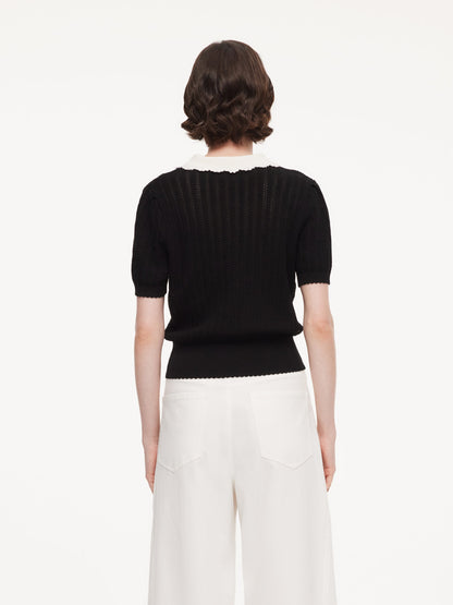 Tencel Blend Color Block Tie Front Women Openwork Knit Top