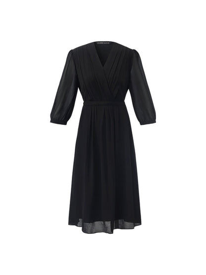 V-Neck Pleated Lace Up Wrap Midi Dress