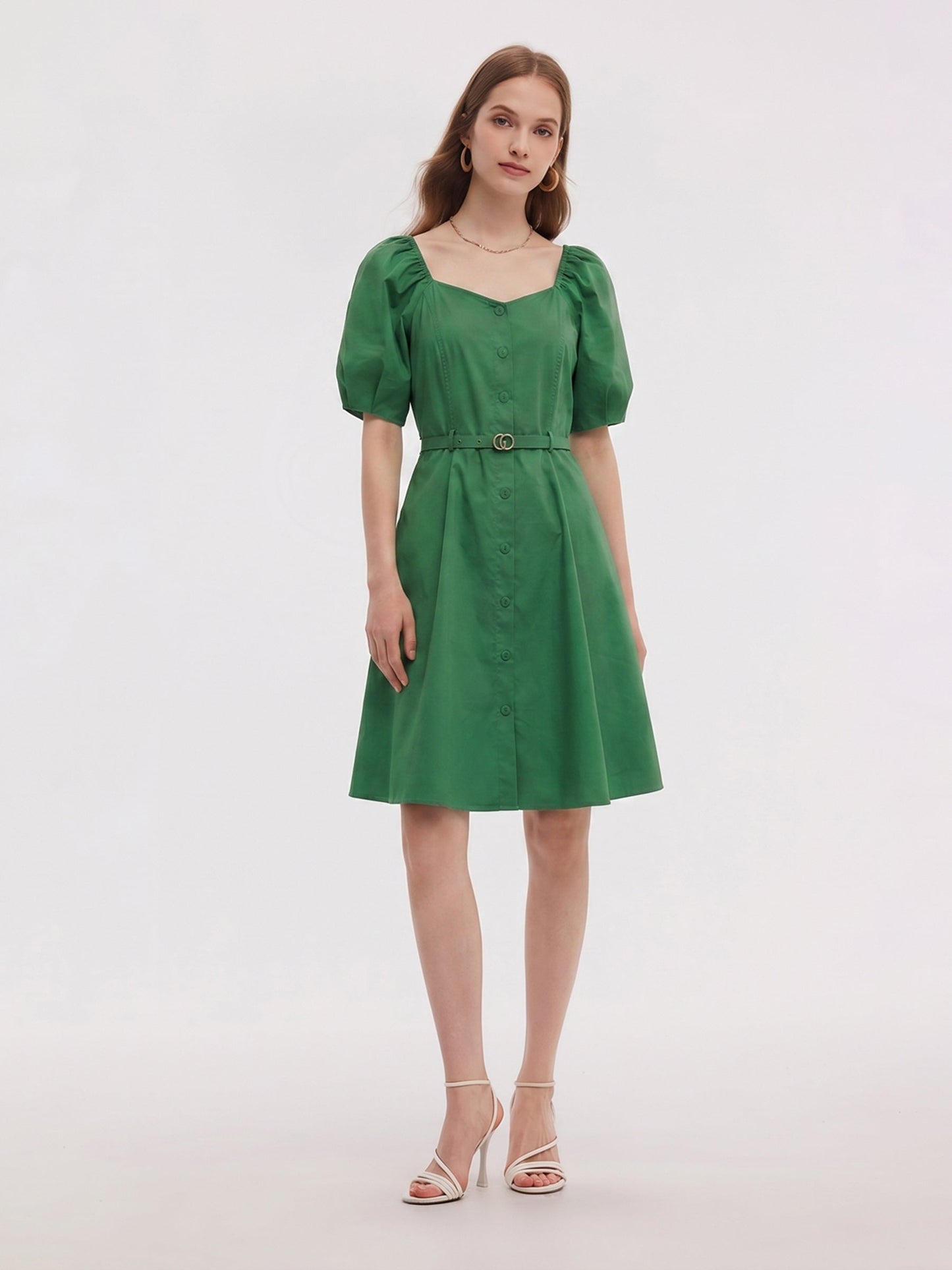[Preview] Cotton Blend Square Neck Women Belted Midi Dress