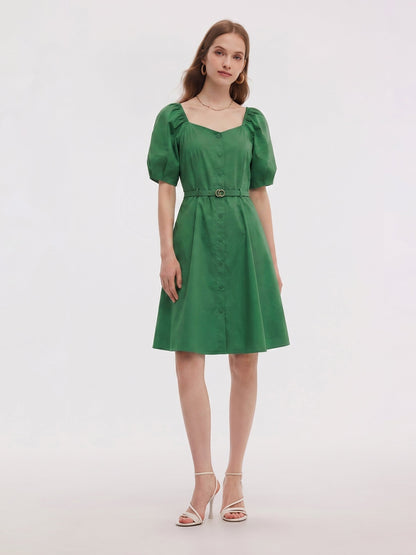 [Preview] Cotton Blend Square Neck Women Belted Midi Dress