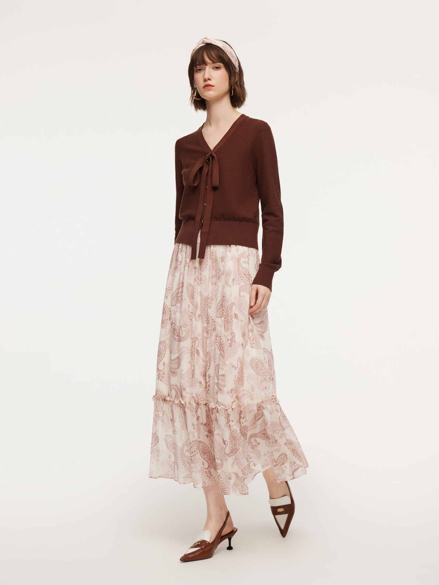 Tencel Wool Blend V-Neck Women Cardigan With Detachable Ribbon