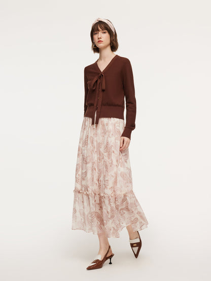 Tencel Wool Blend V-Neck Women Cardigan With Detachable Ribbon