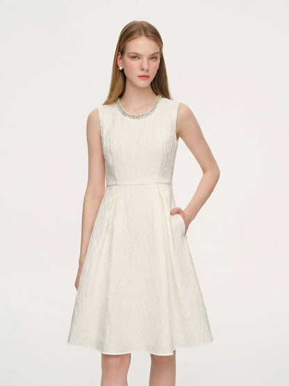 [Preview] Jacquard Beaded Neckline Women Sleeveless Midi Dress