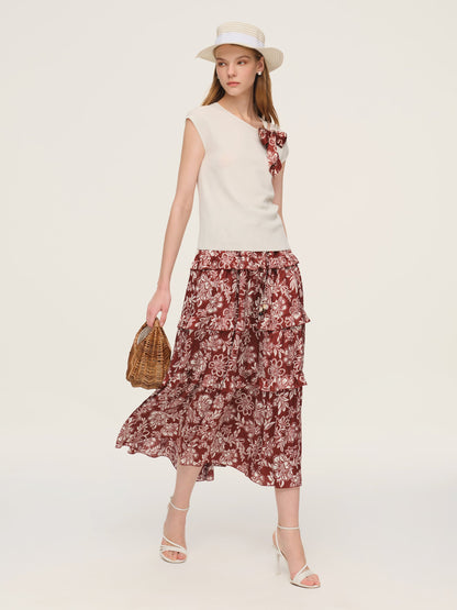 Cap Sleeve Knit Top And Marigold Floral Print Tiered Skirt Two-Piece Set With Silky Scarf