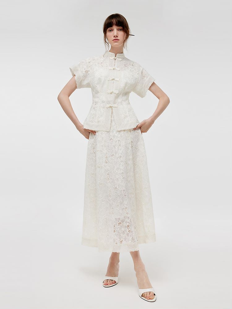 New Chinese-Style Lace Jacket And Skirt With Camisole Three-Piece Set