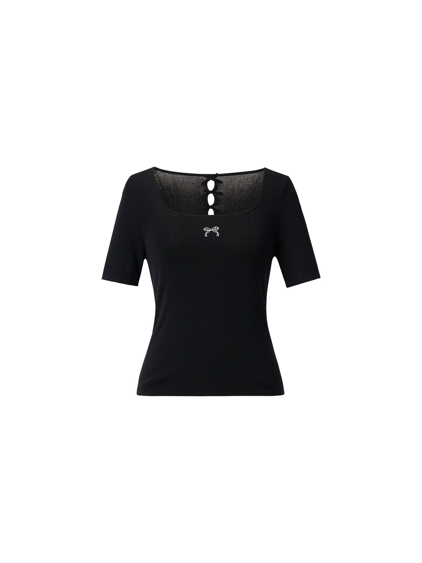 Lyocell Blend Bowknot Embroidered Women Square Neck Knit Top