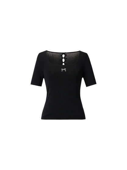 Lyocell Blend Bowknot Embroidered Women Square Neck Knit Top