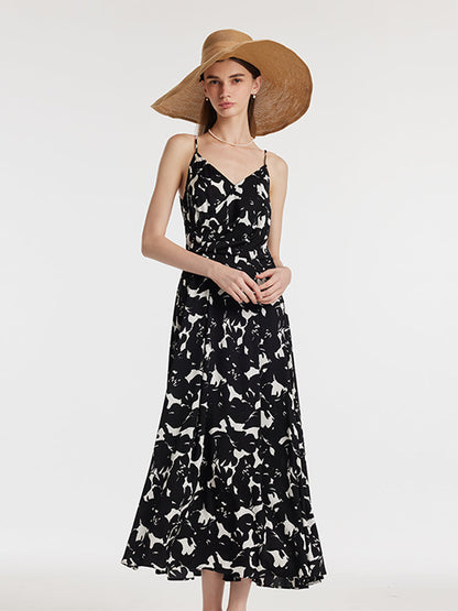 19 Momme Mulberry Silk Iris Print Women Maxi Spaghetti Strap Dress With Scrunchie