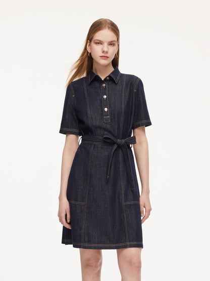 100% Cotton Denim Women A-Line Mini Shirt Dress With Self-Tie Belt