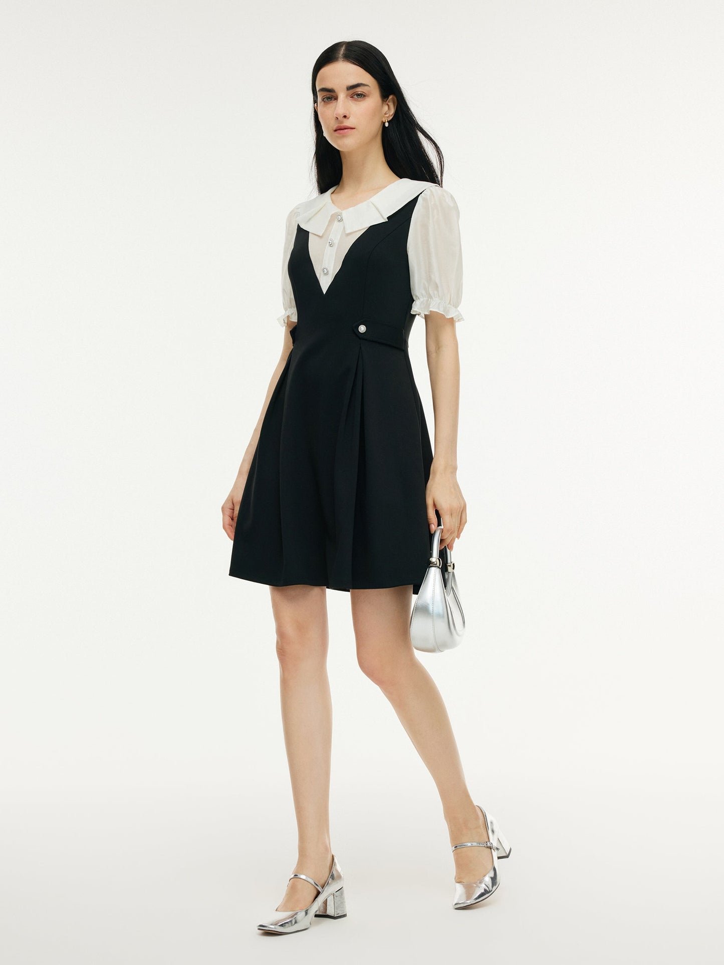 Faux-Layered A-Line Women Puff Sleeve Knit Mini Dress