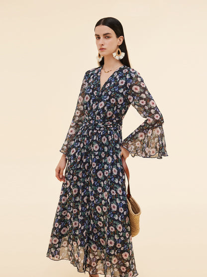 10MM Mulberry Silk Floral Print Women V-Neck Maxi Dress