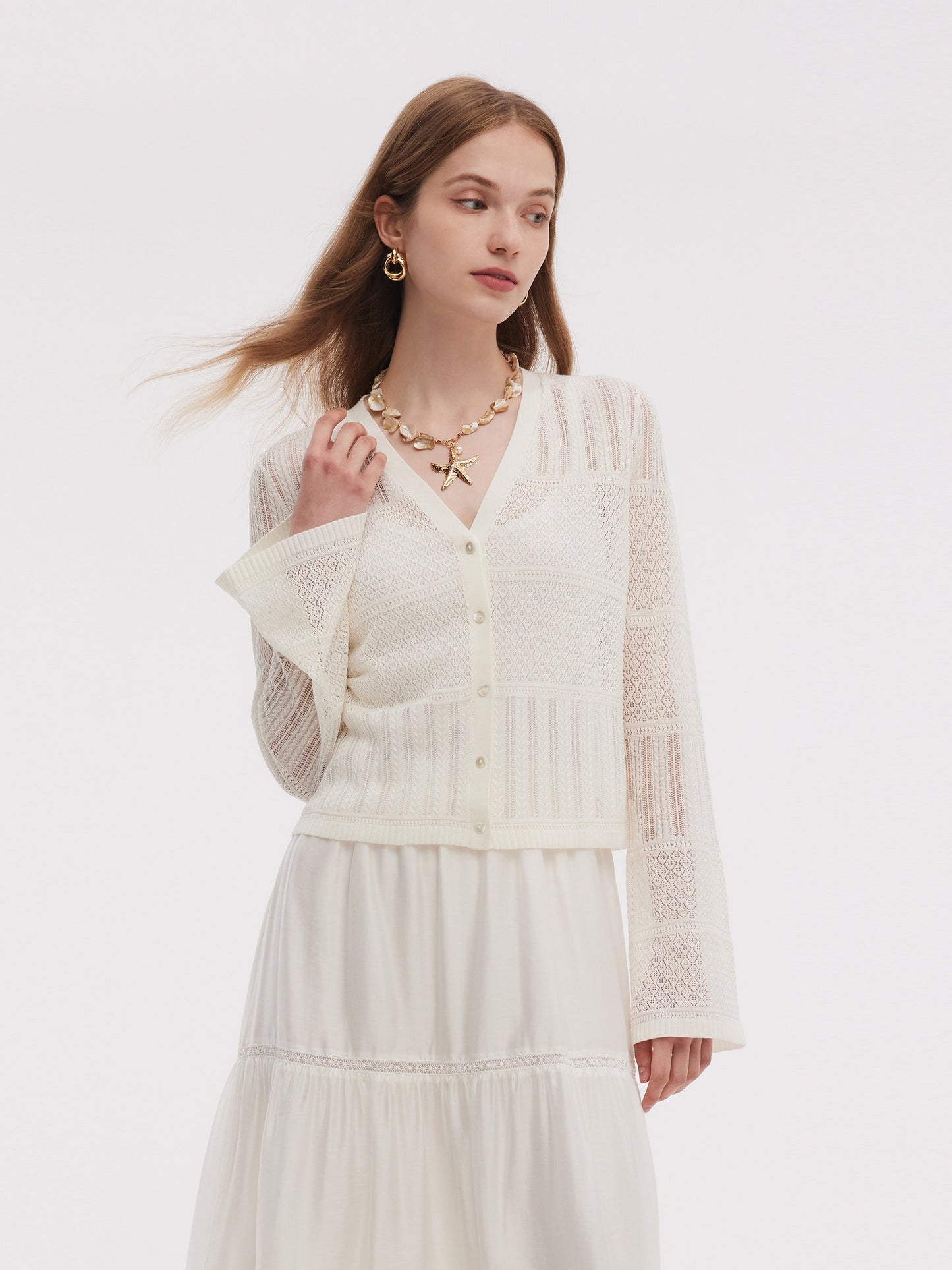 Tencel Blend Openwork Women Flared Sleeve Cardigan