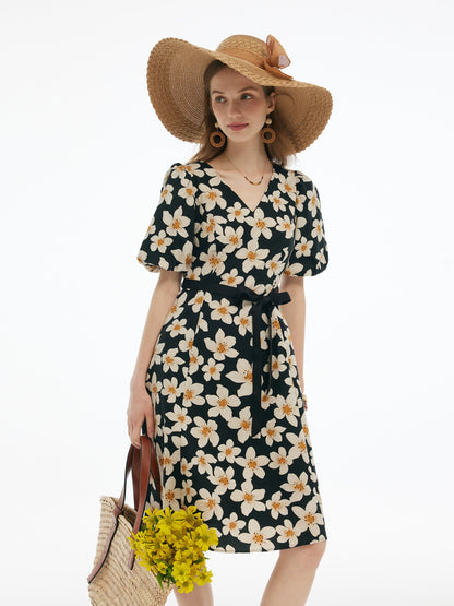 Cotton Stretch Floral Print Women Tie Belt Midi Dress