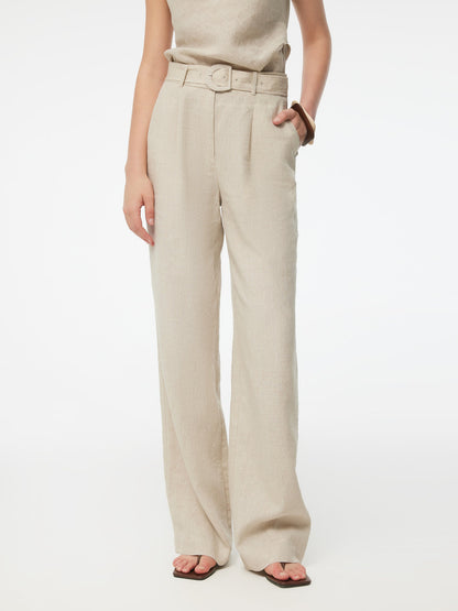 100% Linen Women Straight Leg Pants With Belt
