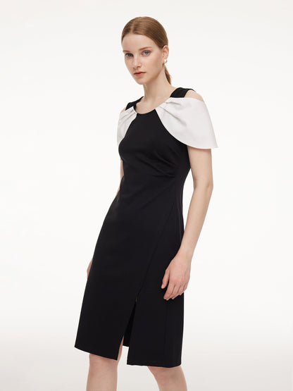 Pre-Order Color Block Cold Shoulder Women Patchwork Side Slit Knit Midi Dress