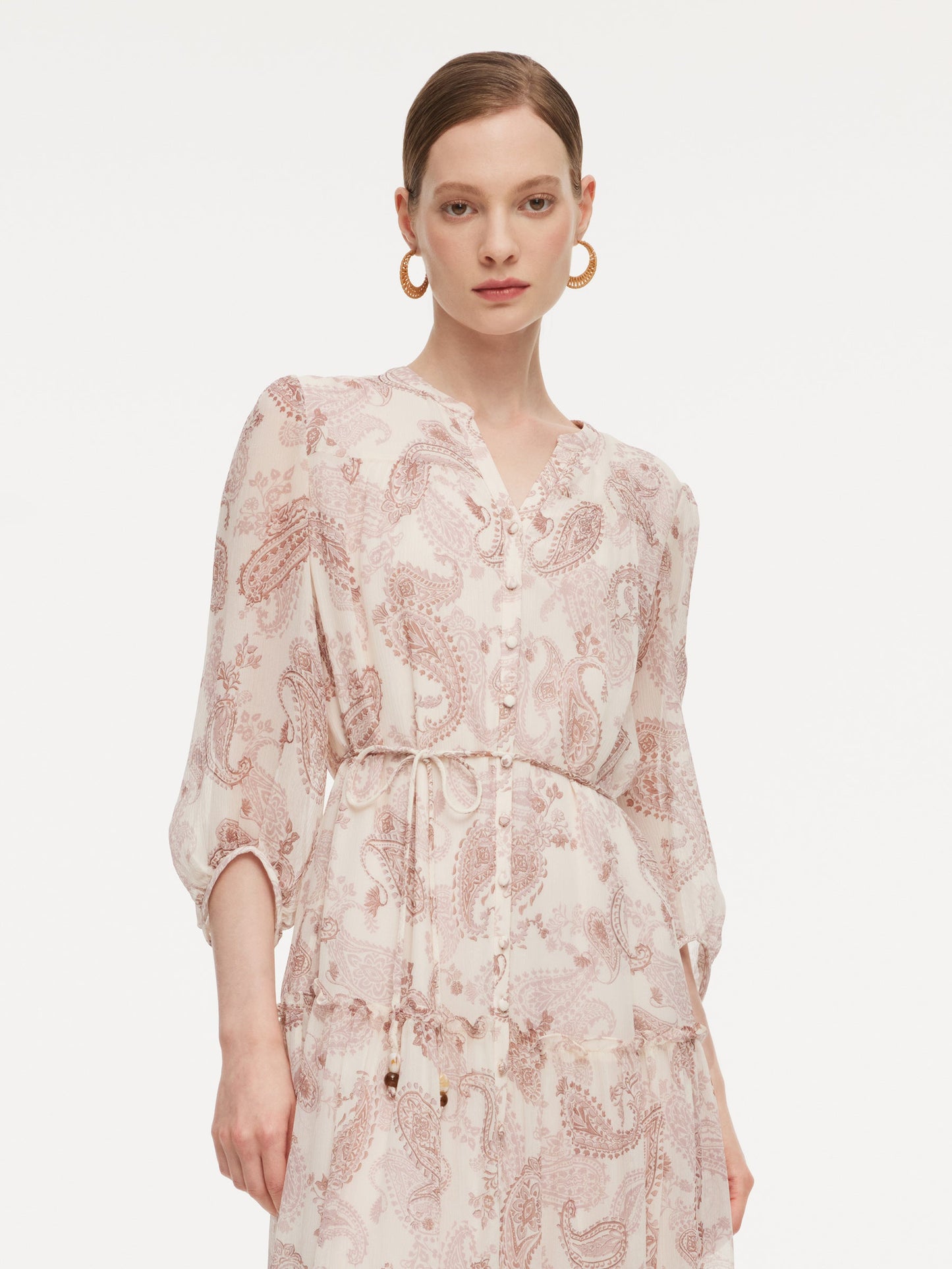 10MM Mulberry Silk Paisley Print Women Maxi Dress With Two Self-Tie Belts