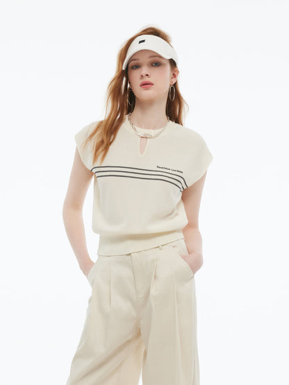 Tencel Blend Stripe Letter Print Women Cap Sleeve Knit Top