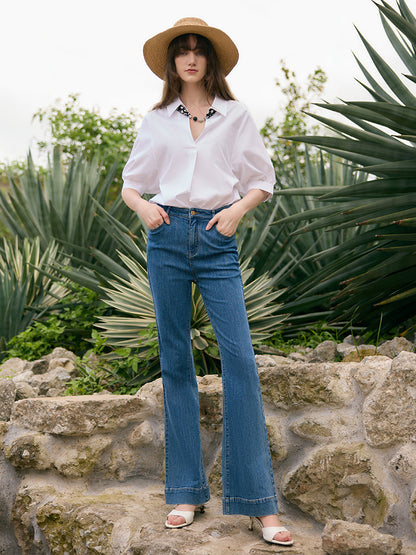 Puff Sleeves V-Neck Women Shirt With Silk Scarf