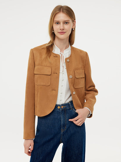 Faux Suede Jacket And Jeans Two-Piece Set