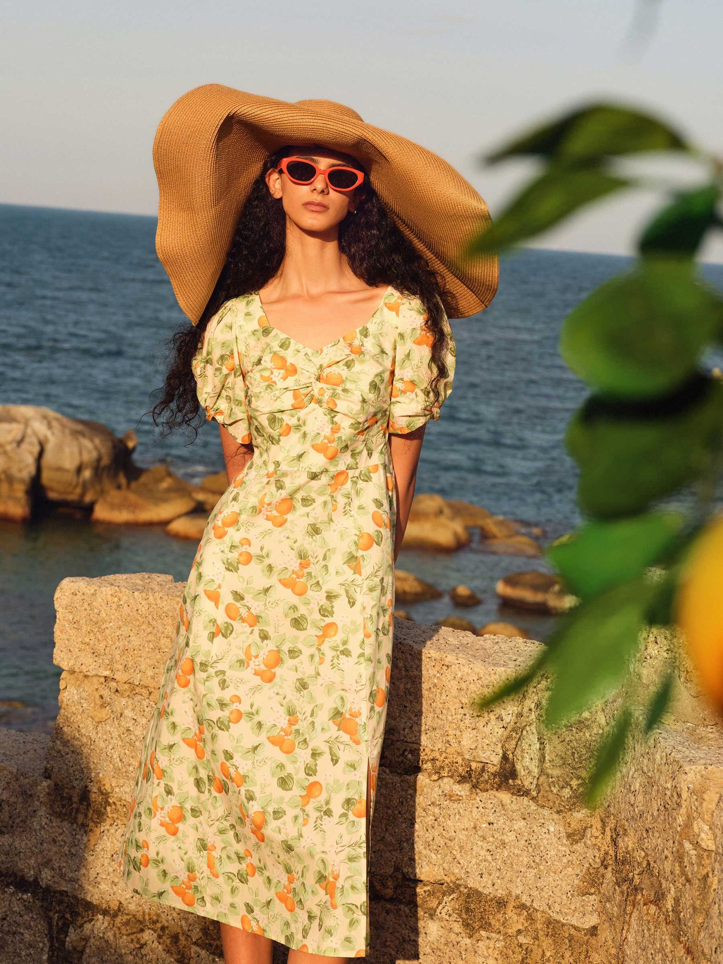 Cotton Floral Print Twist Front Women Midi Dress