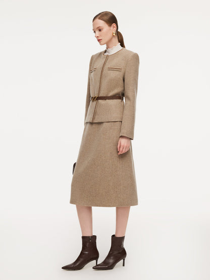 100% Washable Wool Jacket And Skirt Two-Piece Set With Belt
