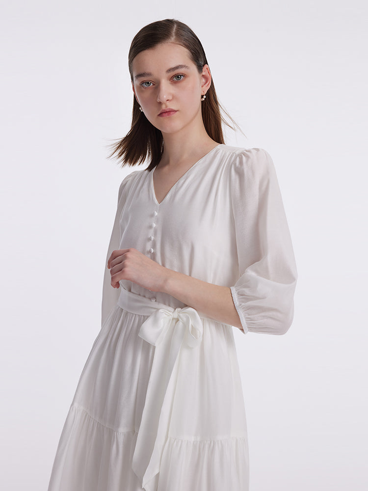 White V-Neck Gathered Waist Midi Dress