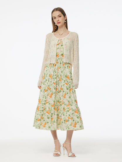 Cotton Floral Print Strap Maxi Dress And Openwork Cardigan Two-Piece Set