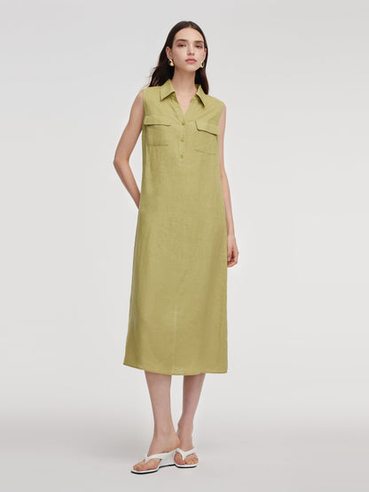 100% Linen Sleeveless Women Maxi Shirt Dress With Belt