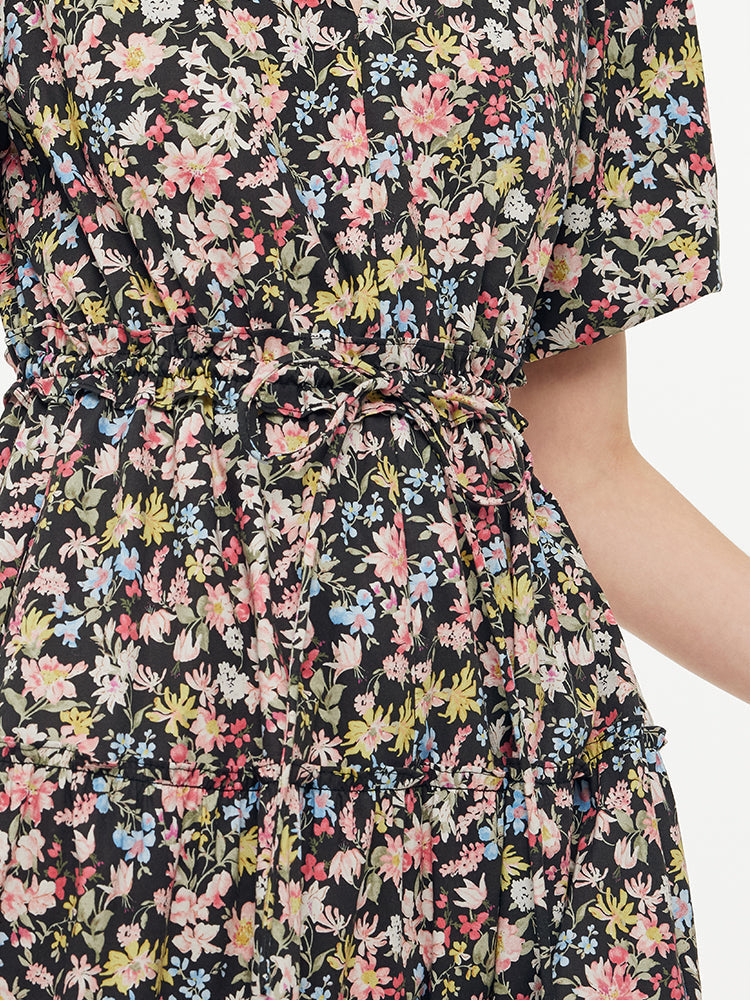 Cotton Puff Sleeve Drawstring Waist Floral Print Women Midi Dress