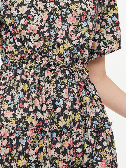 Cotton Puff Sleeve Drawstring Waist Floral Print Women Midi Dress