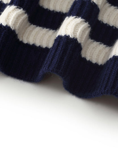 Blue And White Stripe Women Cardigan With Detachable Ruffle Collar