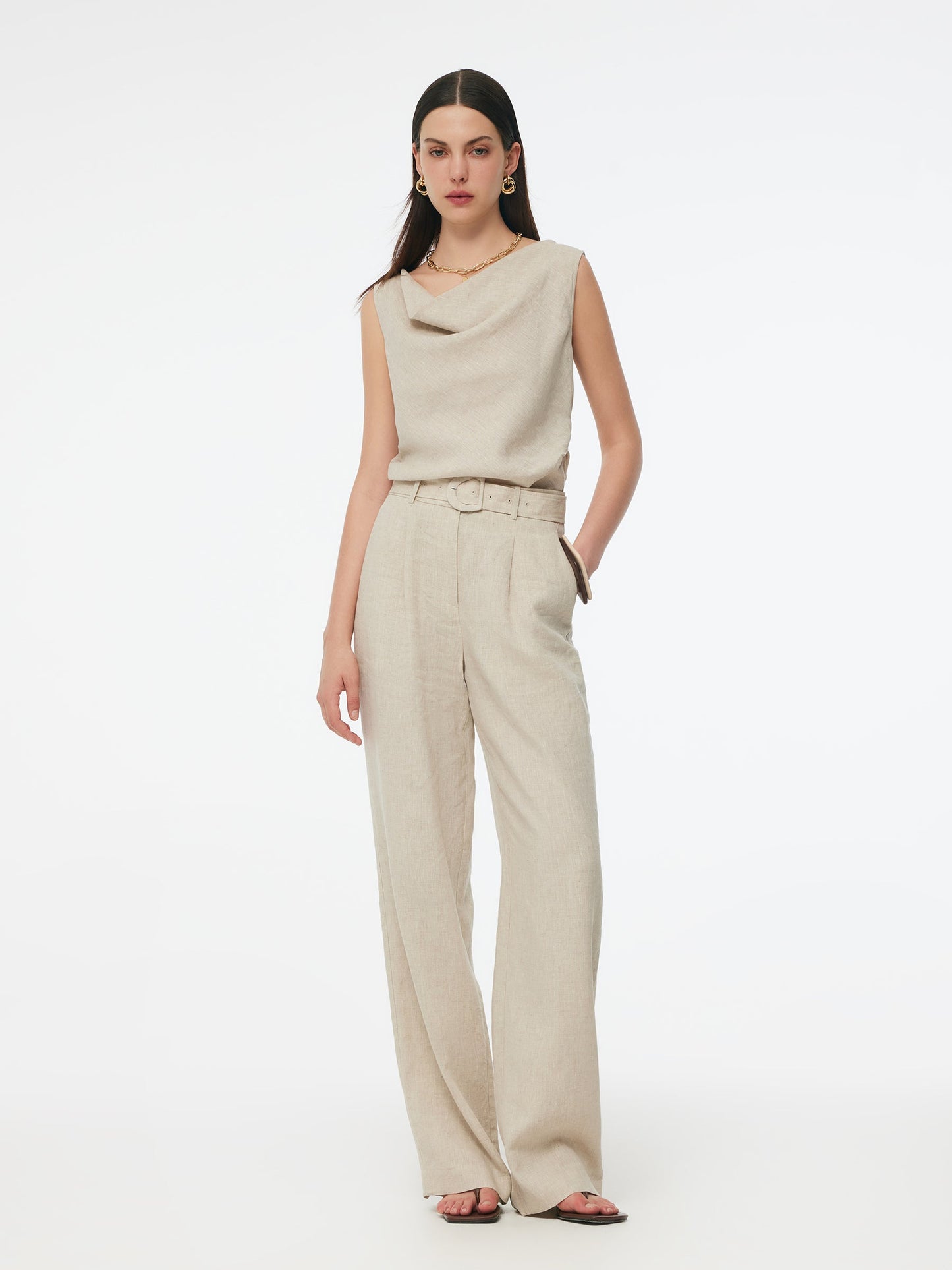 100% Linen Women Straight Leg Pants With Belt