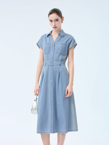 100% Cotton Denim Women V-Neck Maxi Shirt Dress With Belt