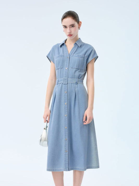 100% Cotton Denim Women V-Neck Maxi Shirt Dress With Belt